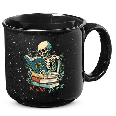 Read Books Be Kind Stay Weird Funny Skeleton Book Lover 15oz Campfire Ceramic Mug