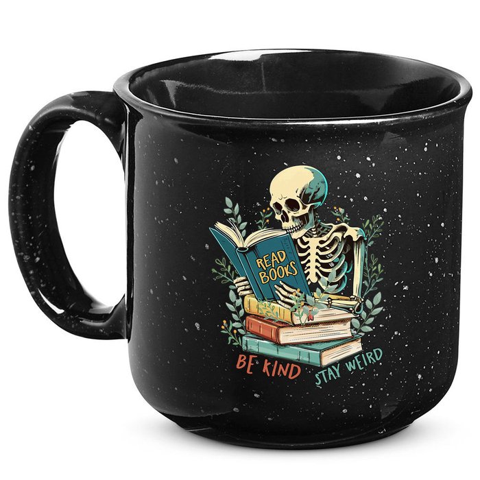 Read Books Be Kind Stay Weird Funny Skeleton Book Lover 15oz Campfire Ceramic Mug