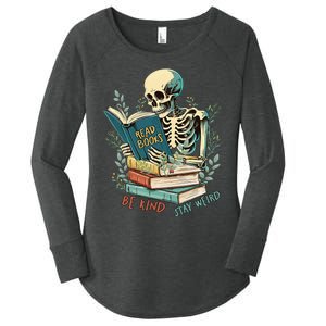 Read Books Be Kind Stay Weird Funny Skeleton Book Lover Women's Perfect Tri Tunic Long Sleeve Shirt