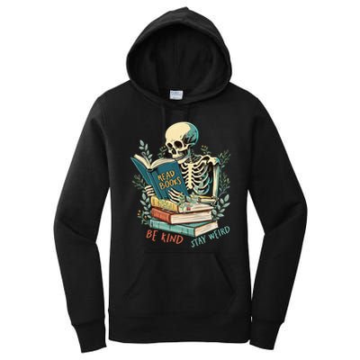 Read Books Be Kind Stay Weird Funny Skeleton Book Lover Women's Pullover Hoodie