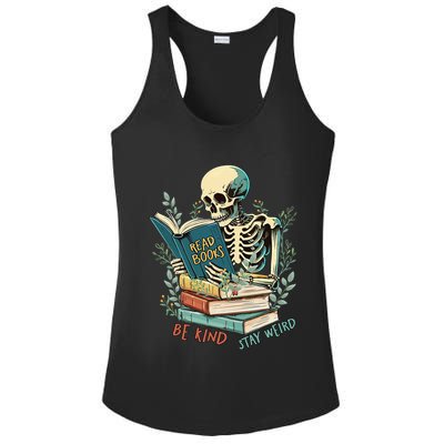 Read Books Be Kind Stay Weird Funny Skeleton Book Lover Ladies PosiCharge Competitor Racerback Tank