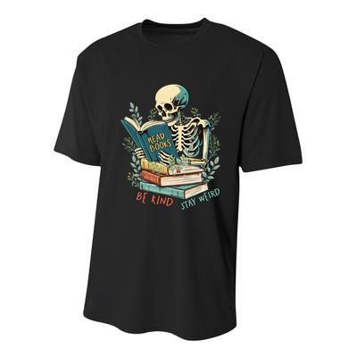 Read Books Be Kind Stay Weird Funny Skeleton Book Lover Youth Performance Sprint T-Shirt