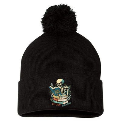 Read Books Be Kind Stay Weird Funny Skeleton Book Lover Pom Pom 12in Knit Beanie