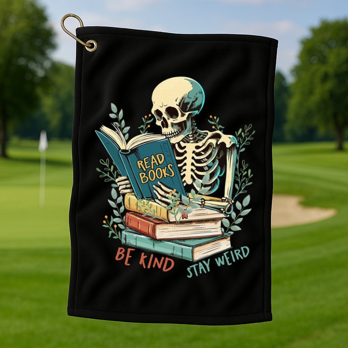 Read Books Be Kind Stay Weird Funny Skeleton Book Lover Golf Towel