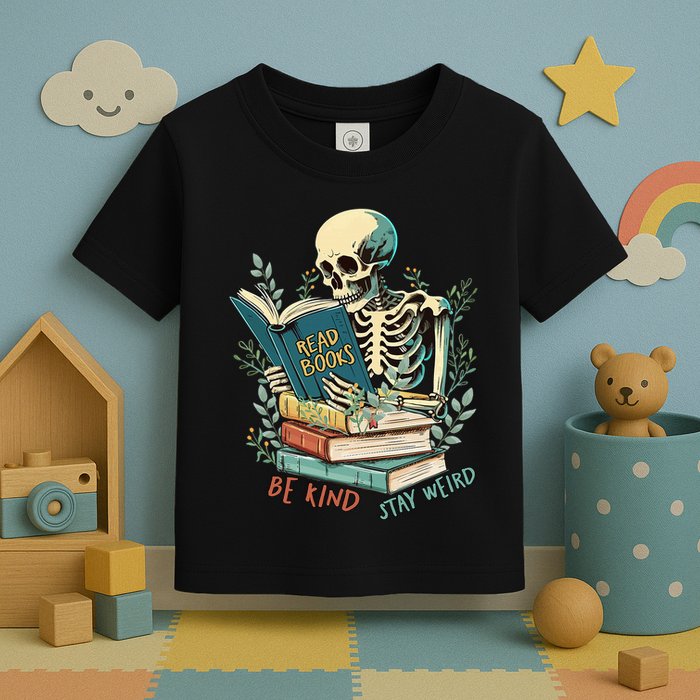 Read Books Be Kind Stay Weird Funny Skeleton Book Lover Toddler T-Shirt