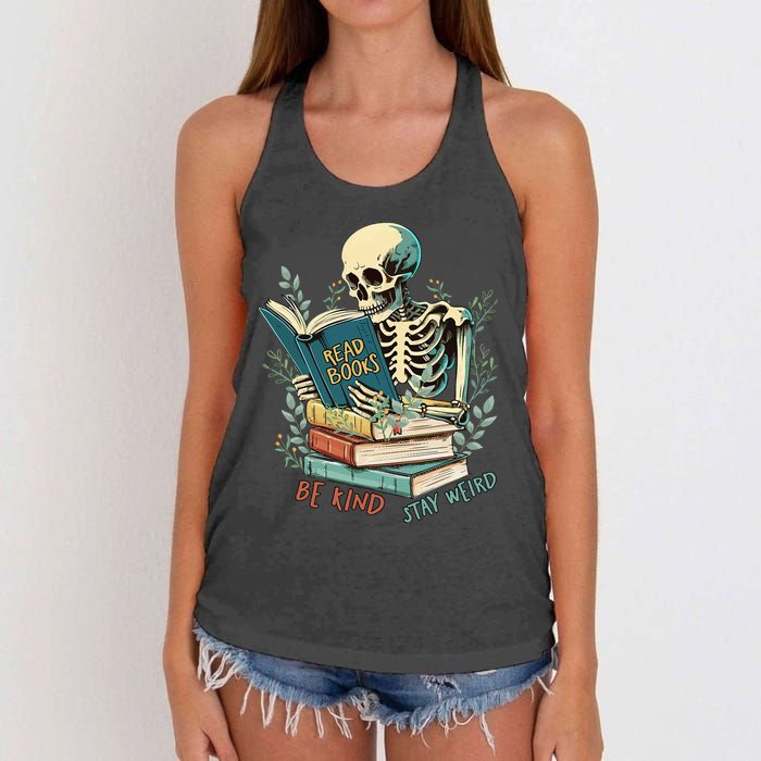 Read Books Be Kind Stay Weird Funny Skeleton Book Lover Women's Knotted Racerback Tank