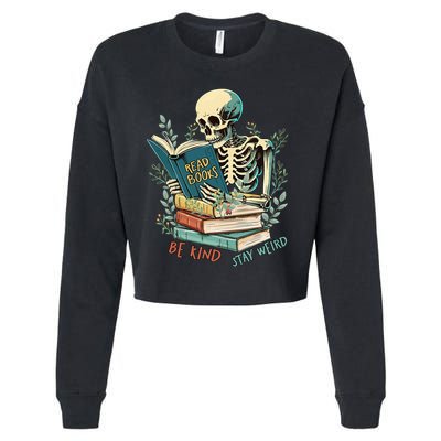 Read Books Be Kind Stay Weird Funny Skeleton Book Lover Cropped Pullover Crew