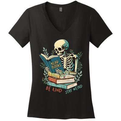 Read Books Be Kind Stay Weird Funny Skeleton Book Lover Women's V-Neck T-Shirt