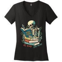 Read Books Be Kind Stay Weird Funny Skeleton Book Lover Women's V-Neck T-Shirt