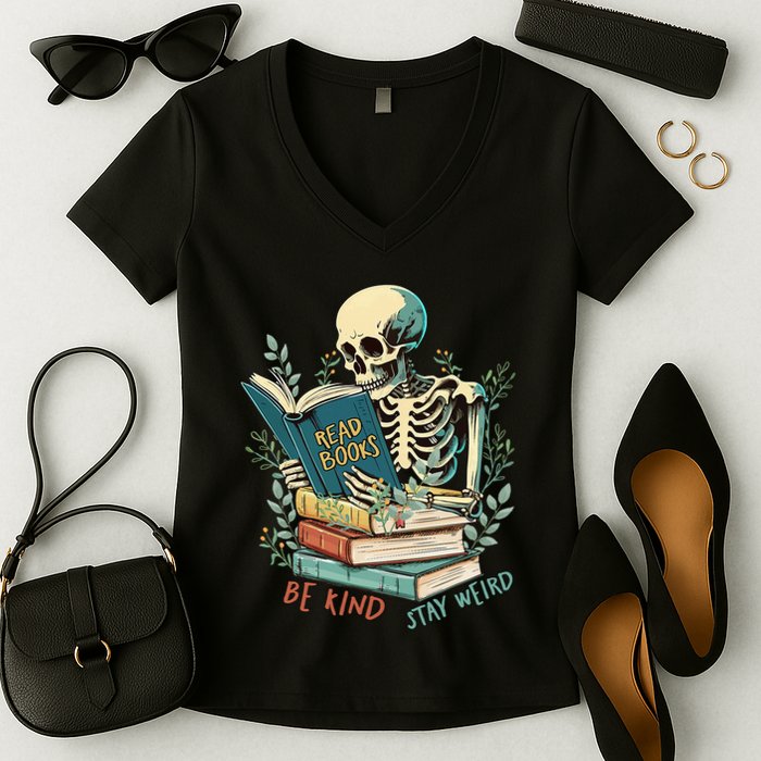 Read Books Be Kind Stay Weird Funny Skeleton Book Lover Women's V-Neck T-Shirt
