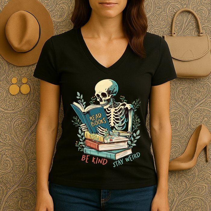 Read Books Be Kind Stay Weird Funny Skeleton Book Lover Women's V-Neck T-Shirt