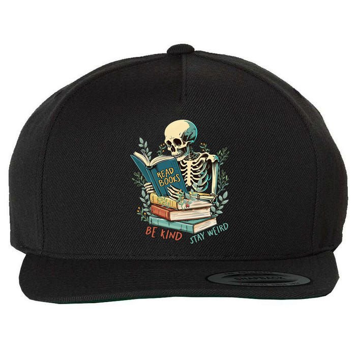 Read Books Be Kind Stay Weird Funny Skeleton Book Lover Wool Snapback Cap