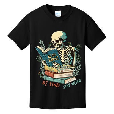 Read Books Be Kind Stay Weird Funny Skeleton Book Lover Kids T-Shirt