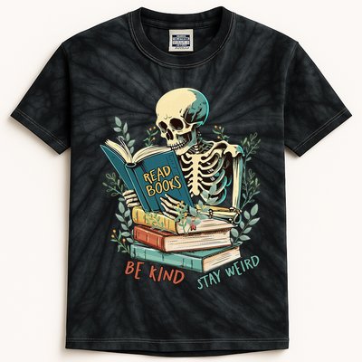 Read Books Be Kind Stay Weird Funny Skeleton Book Lover Kids Tie-Dye T-Shirt