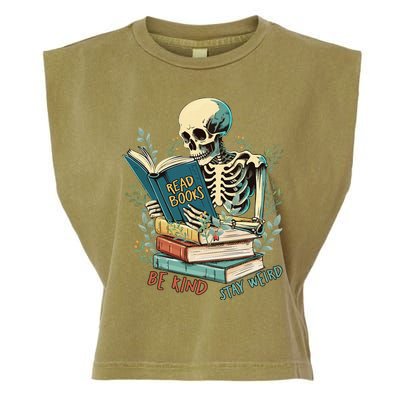 Read Books Be Kind Stay Weird Funny Skeleton Book Lover Garment-Dyed Women's Muscle Tee