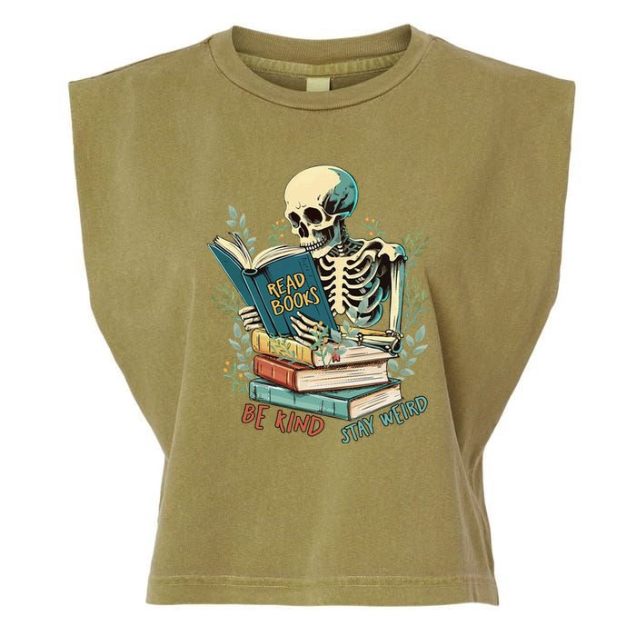Read Books Be Kind Stay Weird Funny Skeleton Book Lover Garment-Dyed Women's Muscle Tee