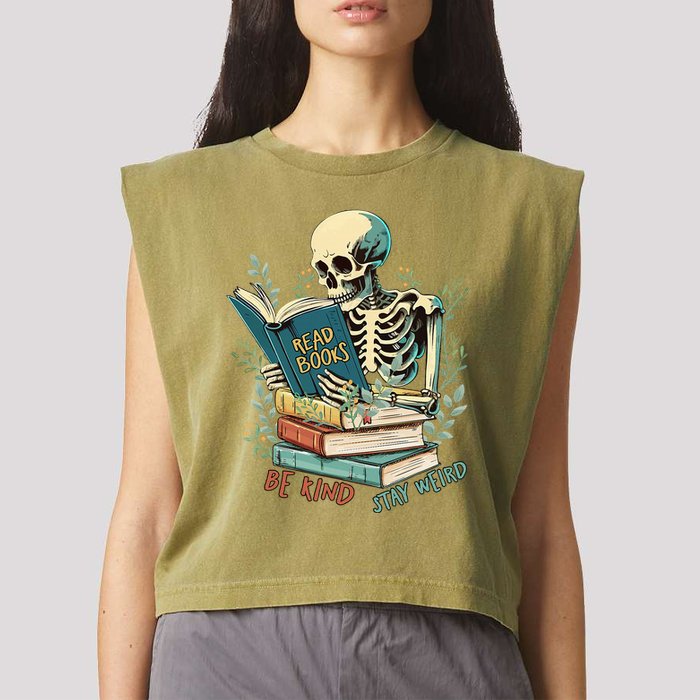 Read Books Be Kind Stay Weird Funny Skeleton Book Lover Garment-Dyed Women's Muscle Tee
