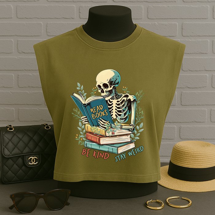 Read Books Be Kind Stay Weird Funny Skeleton Book Lover Garment-Dyed Women's Muscle Tee