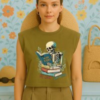 Read Books Be Kind Stay Weird Funny Skeleton Book Lover Garment-Dyed Women's Muscle Tee