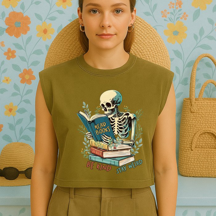Read Books Be Kind Stay Weird Funny Skeleton Book Lover Garment-Dyed Women's Muscle Tee