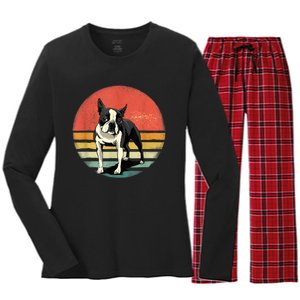 Retro Boston Bull Terrier Dog Puppy Boston Terrier Dad Mom Women's Long Sleeve Flannel Pajama Set 