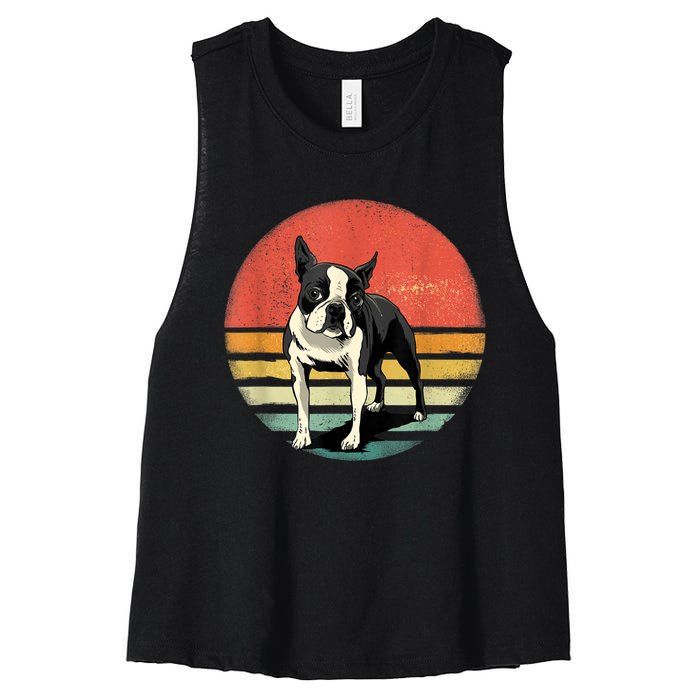 Retro Boston Bull Terrier Dog Puppy Boston Terrier Dad Mom Women's Racerback Cropped Tank