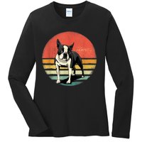 Retro Boston Bull Terrier Dog Puppy Boston Terrier Dad Mom Ladies Long Sleeve Shirt