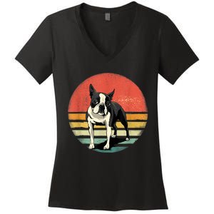 Retro Boston Bull Terrier Dog Puppy Boston Terrier Dad Mom Women's V-Neck T-Shirt