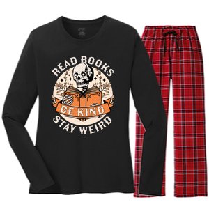 Read Books Be Kind Stay Weird Skeleton Reading Book Bookish Women's Long Sleeve Flannel Pajama Set 