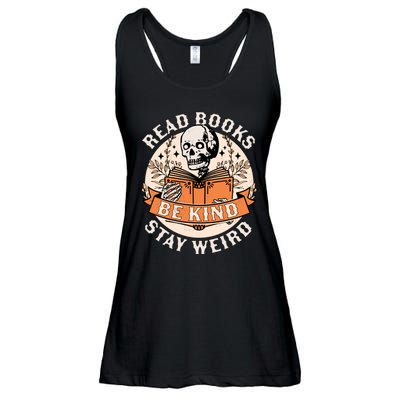 Read Books Be Kind Stay Weird Skeleton Reading Book Bookish Ladies Essential Flowy Tank