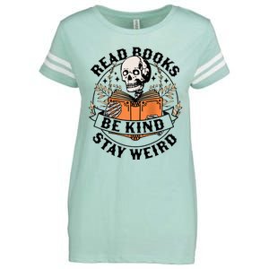 Read Books Be Kind Stay Weird Skeleton Reading Book Bookish Enza Ladies Jersey Football T-Shirt