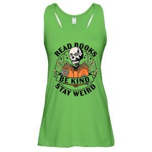 Read Books Be Kind Stay Weird Skeleton Reading Book Bookish Ladies Essential Flowy Tank