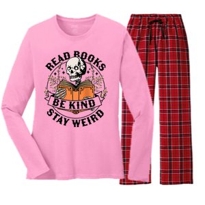 Read Books Be Kind Stay Weird Skeleton Reading Book Bookish Women's Long Sleeve Flannel Pajama Set 