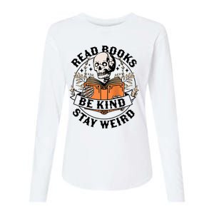 Read Books Be Kind Stay Weird Skeleton Reading Book Bookish Womens Cotton Relaxed Long Sleeve T-Shirt