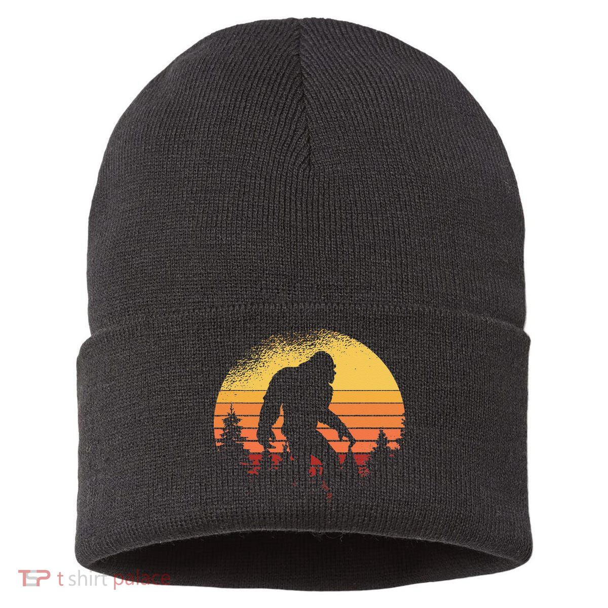 Retro Bigfoot Believer Silhouette Sasquatch Hide And Seek Sustainable Knit Beanie