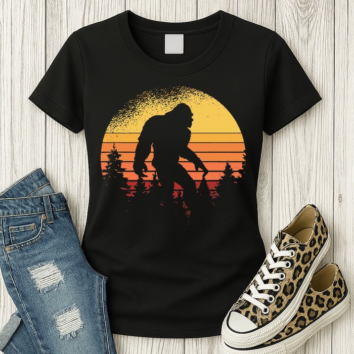 Retro Bigfoot Believer Silhouette Sasquatch Hide And Seek Womens T-Shirt