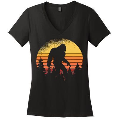 Retro Bigfoot Believer Silhouette Sasquatch Hide And Seek Women's V-Neck T-Shirt