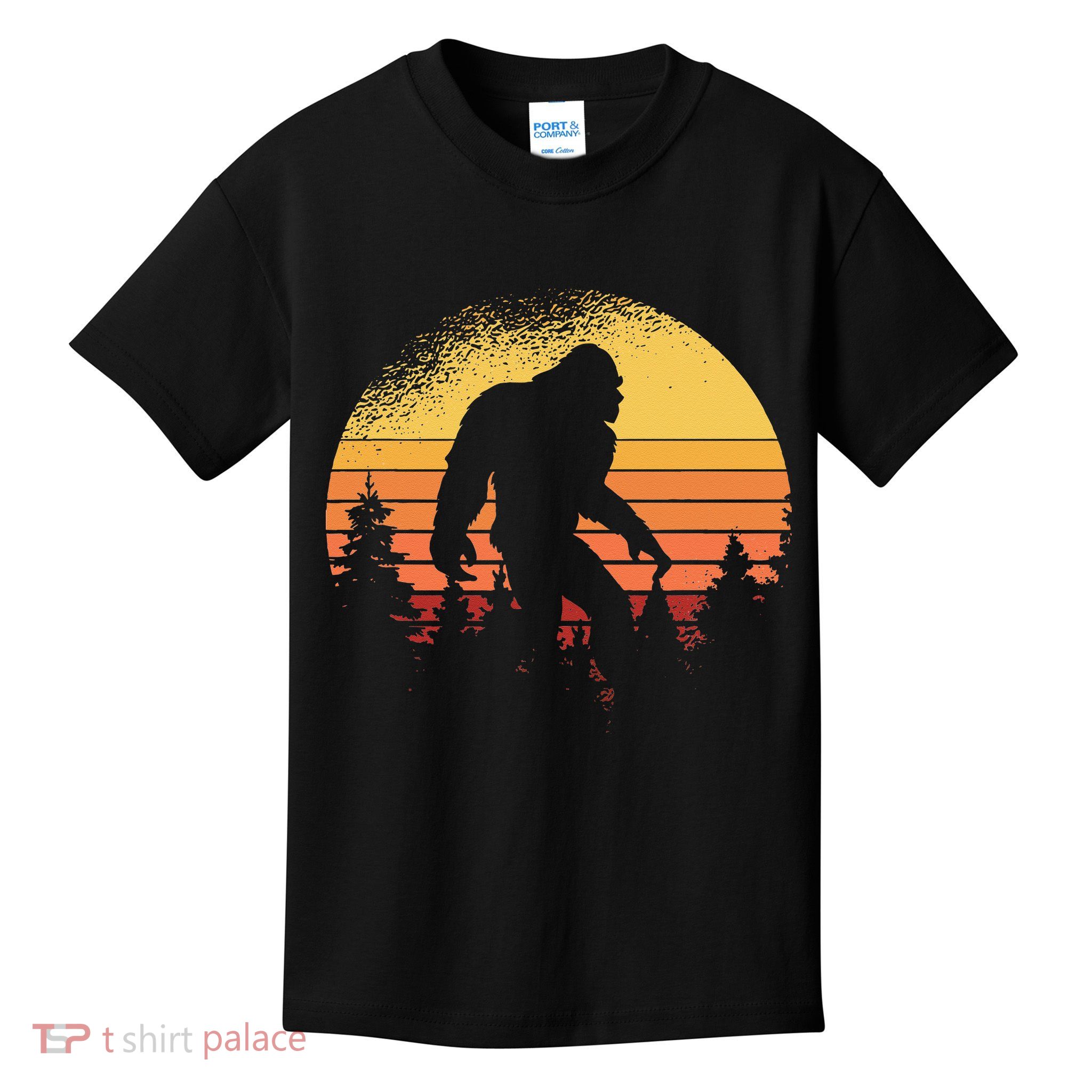 Retro Bigfoot Believer Silhouette Sasquatch Hide And Seek Kids T-Shirt