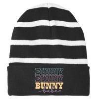 Retro Bunny Babe Easter Day Striped Beanie with Solid Band