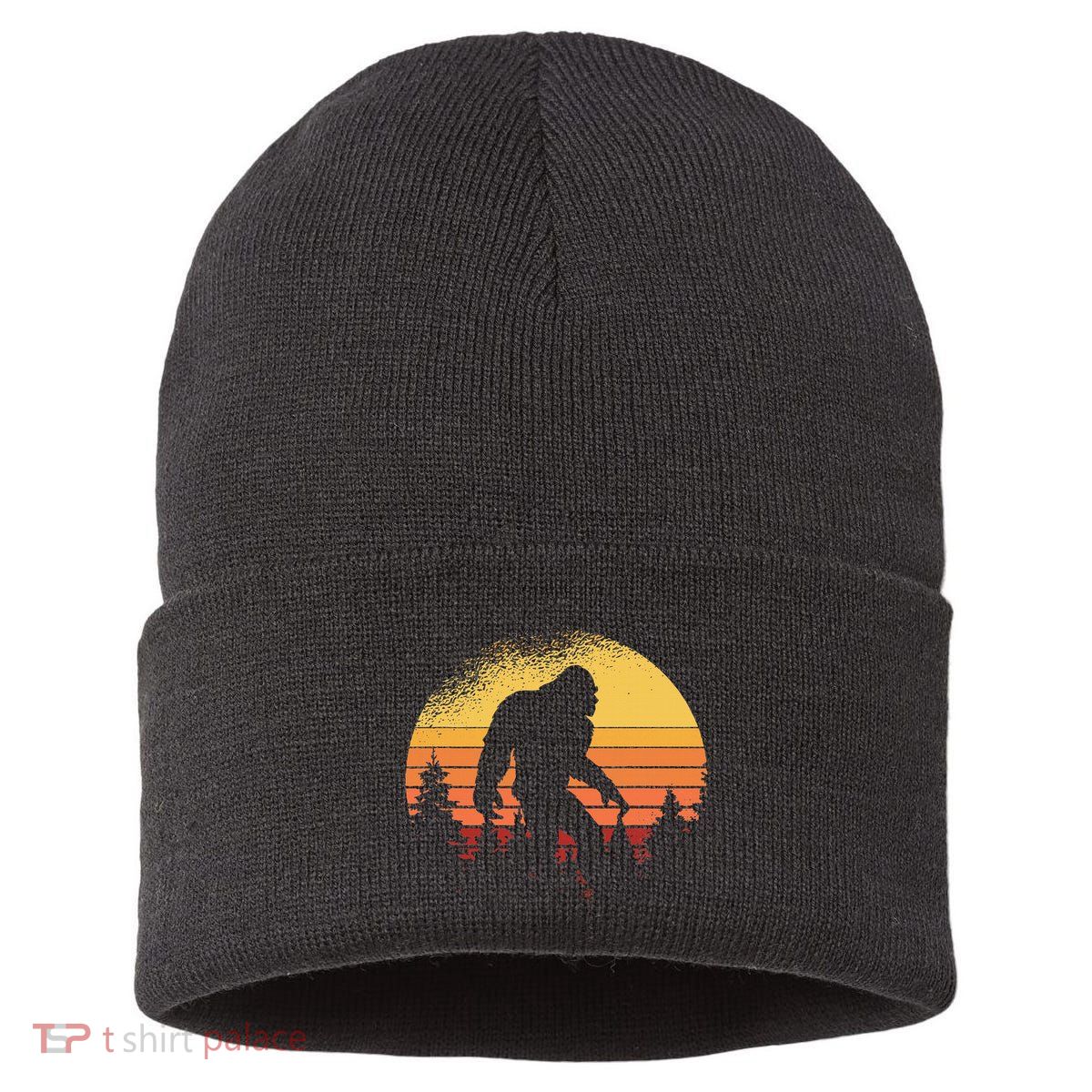 Retro Bigfoot Believer Silhouette Sasquatch Hide And Seek Sustainable Knit Beanie
