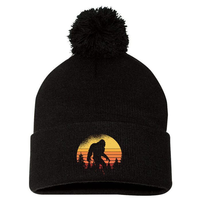 Retro Bigfoot Believer Silhouette Sasquatch Hide And Seek Pom Pom 12in Knit Beanie