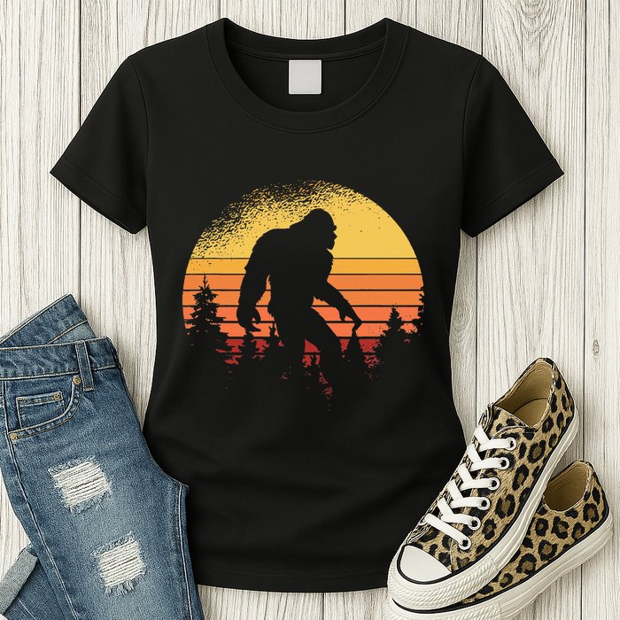 Retro Bigfoot Believer Silhouette Sasquatch Hide And Seek Womens T-Shirt