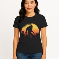 Retro Bigfoot Believer Silhouette Sasquatch Hide And Seek Womens T-Shirt