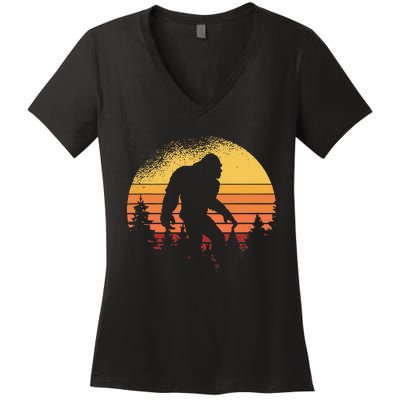 Retro Bigfoot Believer Silhouette Sasquatch Hide And Seek Women's V-Neck T-Shirt