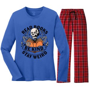 Read Books Be Kind Stay Weird Skeleton Reading Book Bookish Gift Women's Long Sleeve Flannel Pajama Set 