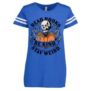 Read Books Be Kind Stay Weird Skeleton Reading Book Bookish Gift Enza Ladies Jersey Football T-Shirt