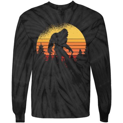 Retro Bigfoot Believer Silhouette Sasquatch Hide And Seek Tie-Dye Long Sleeve Shirt