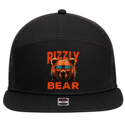 Rizzly Bear Cool Grizzly Bear Wearing Sunglasses Funny Meme 7 Panel Mesh Trucker Snapback Hat