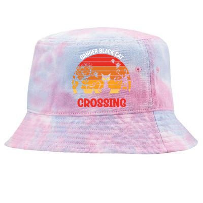 Retro Black Cat Danger Cat Crossing Funny Halloween Gift Tie-Dyed Bucket Hat