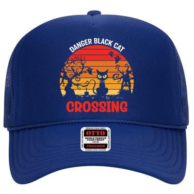 Retro Black Cat Danger Cat Crossing Funny Halloween Gift High Crown Mesh Back Trucker Hat